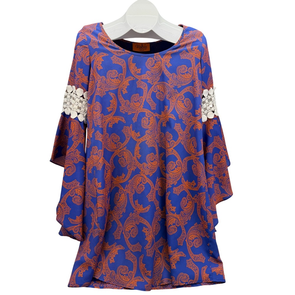 Voom by Joy Han Blue Orange Paisley Bell Sleeve Lace Trim Dress Size S